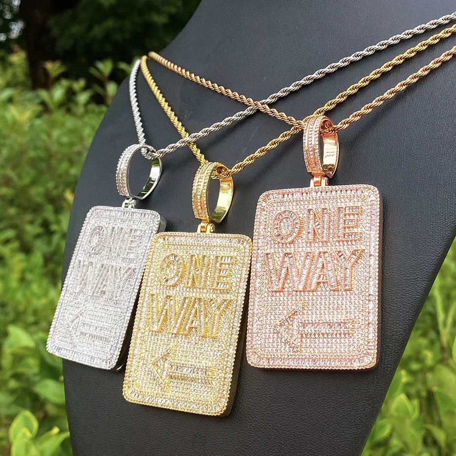 Iced Out "ONE WAY" Rectangular Pendant | Men's Real Copper CZ Plaque Necklace - CaratixJewelry