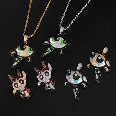 Powerpuff Girls Cartoon Pendant Necklace with Copper Frame and Zircon Stones for Men | Caratix Jewelry - CaratixJewelry