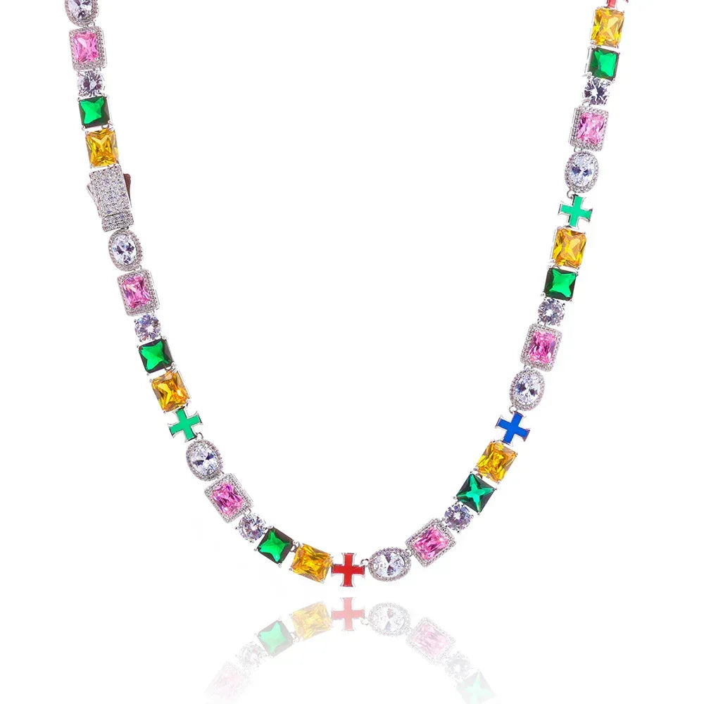10mm Colorful Gemstone Moissanite Cross Necklace for Men – S925 Sterling Silver Luxury Hip Hop Jewelry - CaratixJewelry