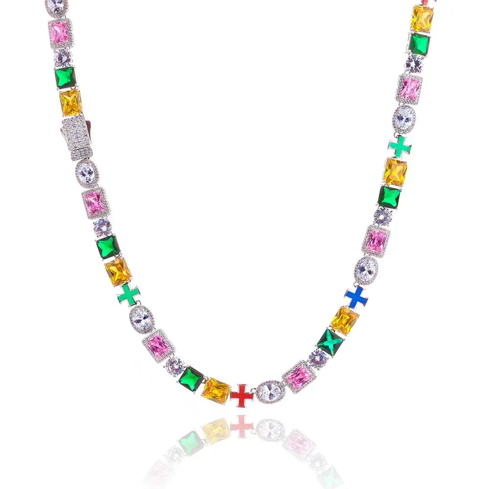 10mm Colorful Gemstone Moissanite Cross Necklace for Men – S925 Sterling Silver Luxury Hip Hop Jewelry - CaratixJewelry