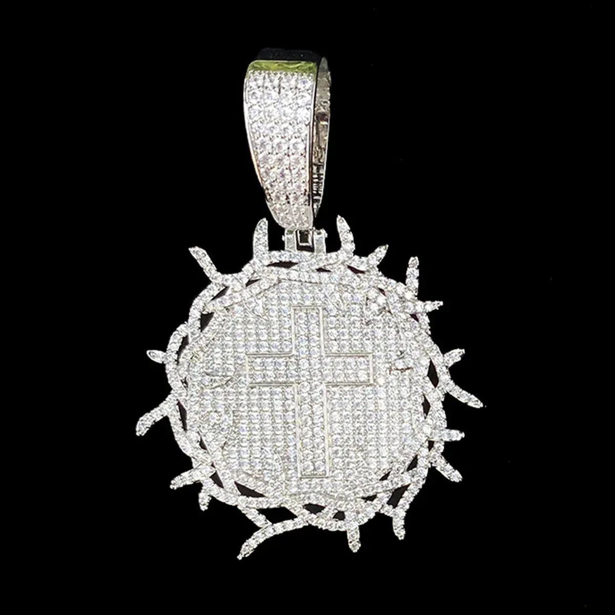 Iced Out Thorns Disc Cross Pendant | Men's Real Copper CZ Shield Necklace - CaratixJewelry