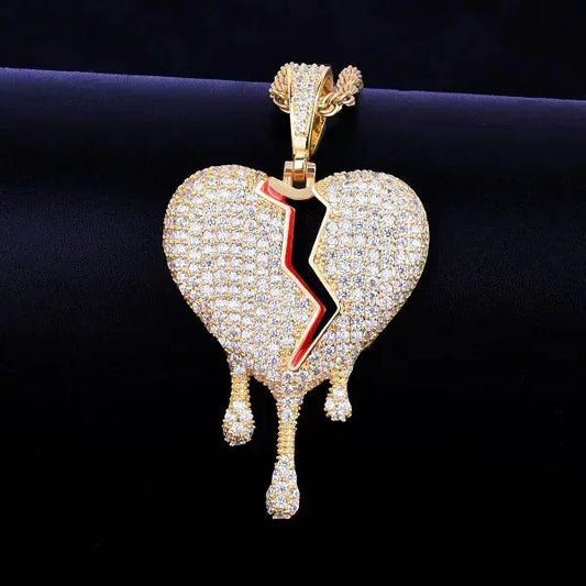 Luxury Iced Out Broken Heart & Teardrop Pendant | Unisex Hip Hop Bleeding Heart Necklace | Premium Copper CZ Jewelry | Street Luxe Bling | Caratix - CaratixJewelry