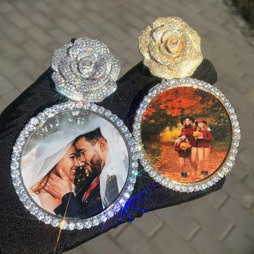 Rose Round Photo Pendant | Iced Out CZ Custom Picture Hip Hop DIY Necklace - CaratixJewelry