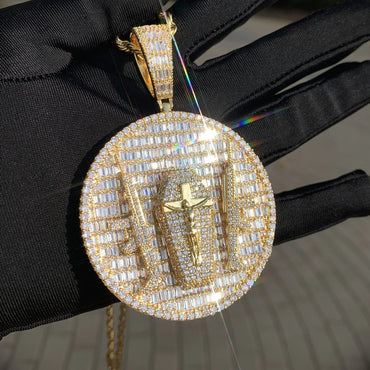 Iced Out Double Gun Cross Round Pendant Necklace – Hip Hop Step-Cut CZ Copper Jewelry - CaratixJewelry