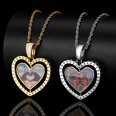 Custom Rotating Double-Sided Heart Photo Pendant Necklace with Zircon Stones | Caratix Jewelry - CaratixJewelry