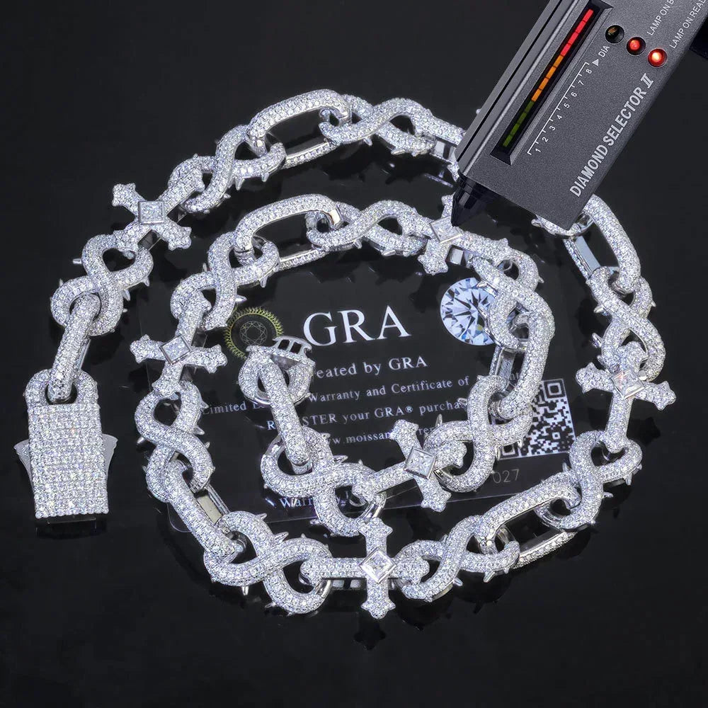Thorn Cross Moissanite Cuban Link Chain with Figure-8 Clasp – Custom S925 Sterling Silver Iced-Out Hip Hop Men’s Streetwear Necklace - CaratixJewelry