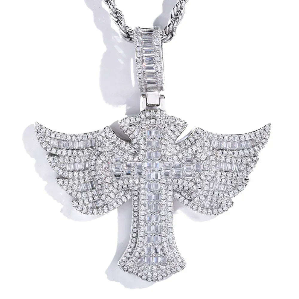 Angel Wing Cross S925 Silver Moissanite Rapper Chain Necklace | Caratix Jewelry - CaratixJewelry