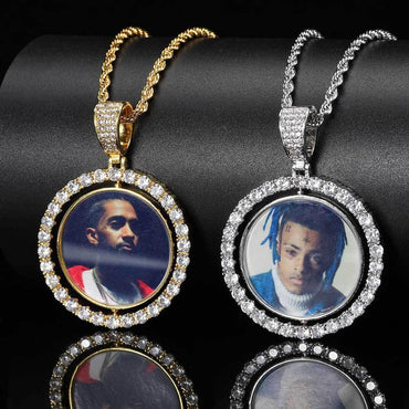 Custom Rotating Double-Sided Round Photo Pendant Necklace with Micro-Pave Zircon Stones | Caratix Jewelry - CaratixJewelry