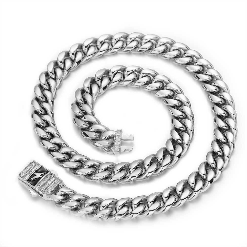 Stainless Steel Cuban Chain Lightning Zircon Necklace with Spring Clasp for Men | Caratix Jewelry - CaratixJewelry