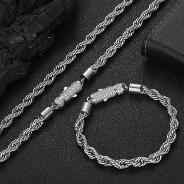 6mm Twist Rope Chain Stainless Steel Necklace with Zircon Clasp Hip Hop Jewelry for Men | Caratix Jewelry - CaratixJewelry