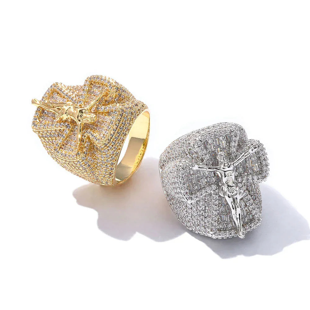 Men's Luxury Iced Out Cross Ring | Sleek Hip Hop Pave Band | Caratix