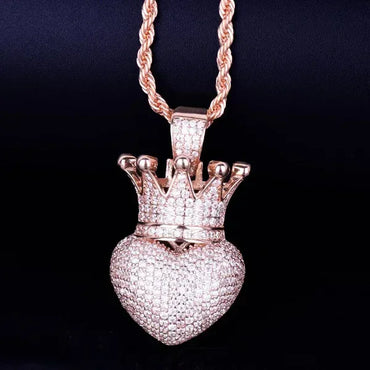 Luxury Iced Out Heart Crown Pendant for Men | Hip Hop Pave CZ Jewelry | Trendy Copper Zircon Necklace | King of Hearts Ice Pendant | Caratix - CaratixJewelry