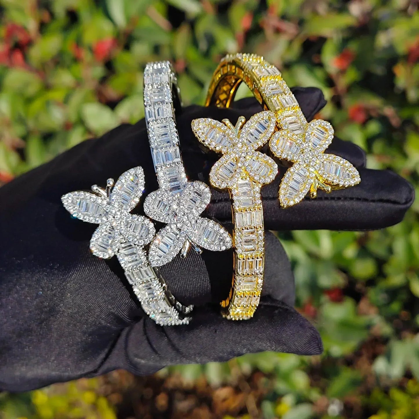 Iced Out Butterfly Bangle Bracelet with Copper & Zircon | Gold & Silver Open Cuff Hip Hop Jewelry for Men & Women | Caratix Jewelry - CaratixJewelry