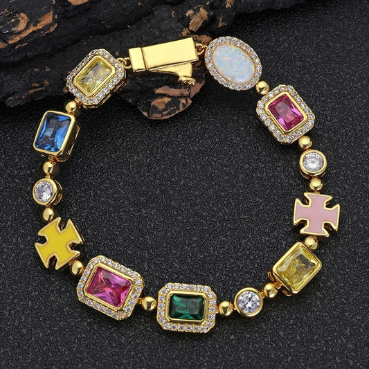Iced Out Colorful Gemstone Zircon Cuban Link Bracelet Hip Hop Jewelry | Caratix Jewelry - CaratixJewelry