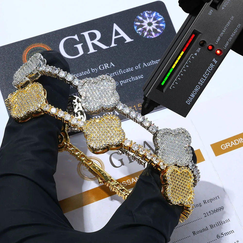 S925 Sterling Silver Moissanite Clover Tennis Bracelet | VVS Moissanite Tester Passed Handpiece | Premium Hip Hop Bling | Caratix - CaratixJewelry