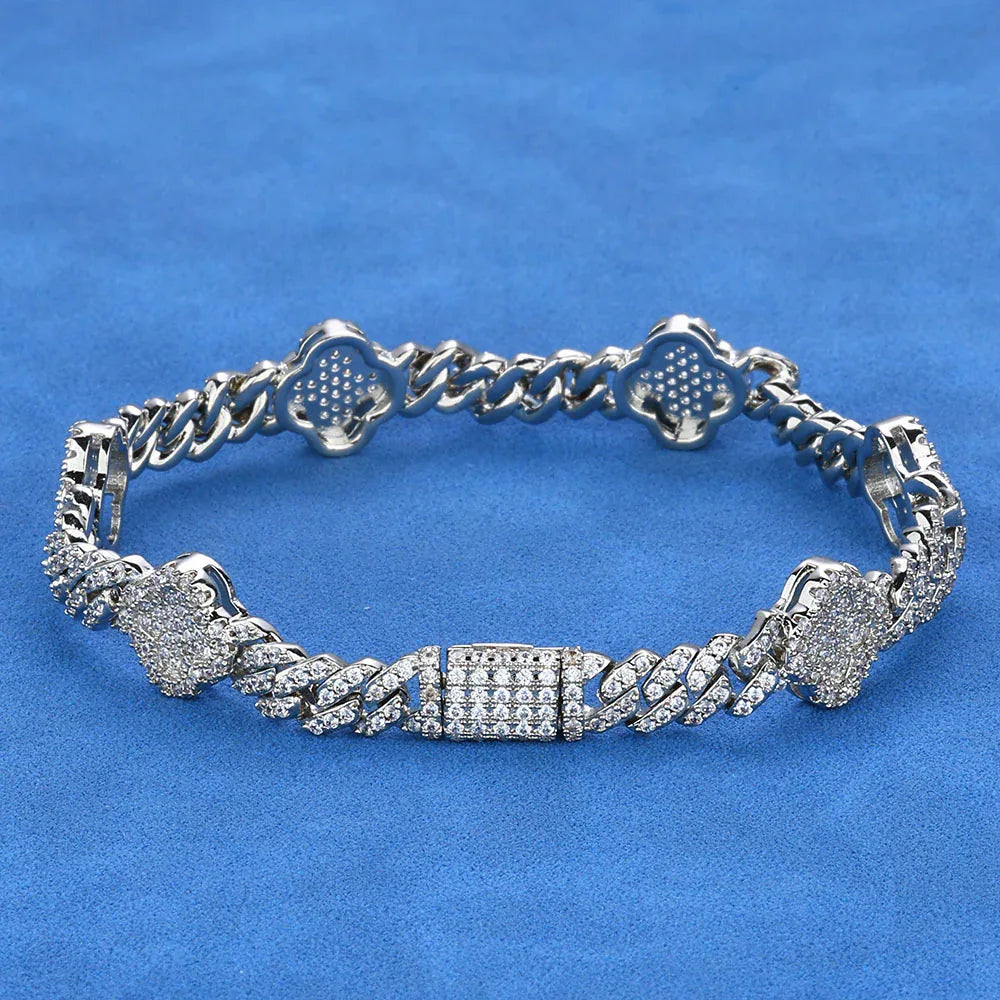 6mm S925 Sterling Silver Moissanite Clover Cuban Bracelet | VVS Moissanite Handpiece | Elite Rapper Chain Style | Caratix - CaratixJewelry