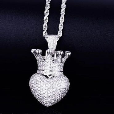 Luxury Iced Out Heart Crown Pendant for Men | Hip Hop Pave CZ Jewelry | Trendy Copper Zircon Necklace | King of Hearts Ice Pendant | Caratix - CaratixJewelry