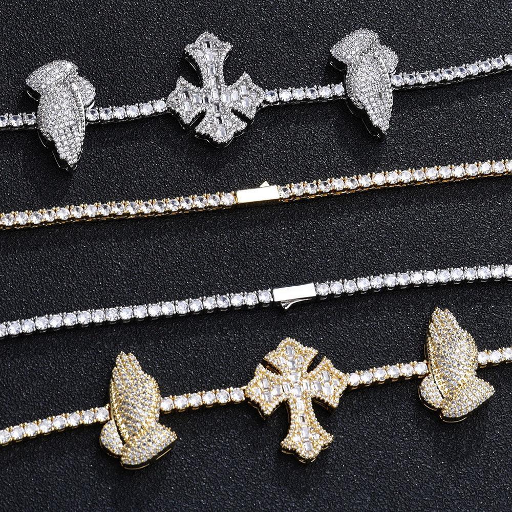 3.5mm Cross Hand Prayer Zircon Tennis Chain Necklace for Men | Caratix Jewelry - CaratixJewelry