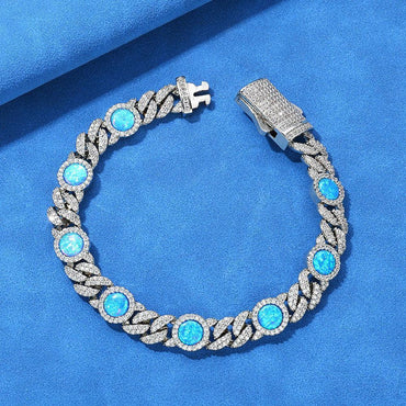 8mm Blue Gemstone Opal Zircon Hip Hop Jewelry Cuban Bracelet - CaratixJewelry
