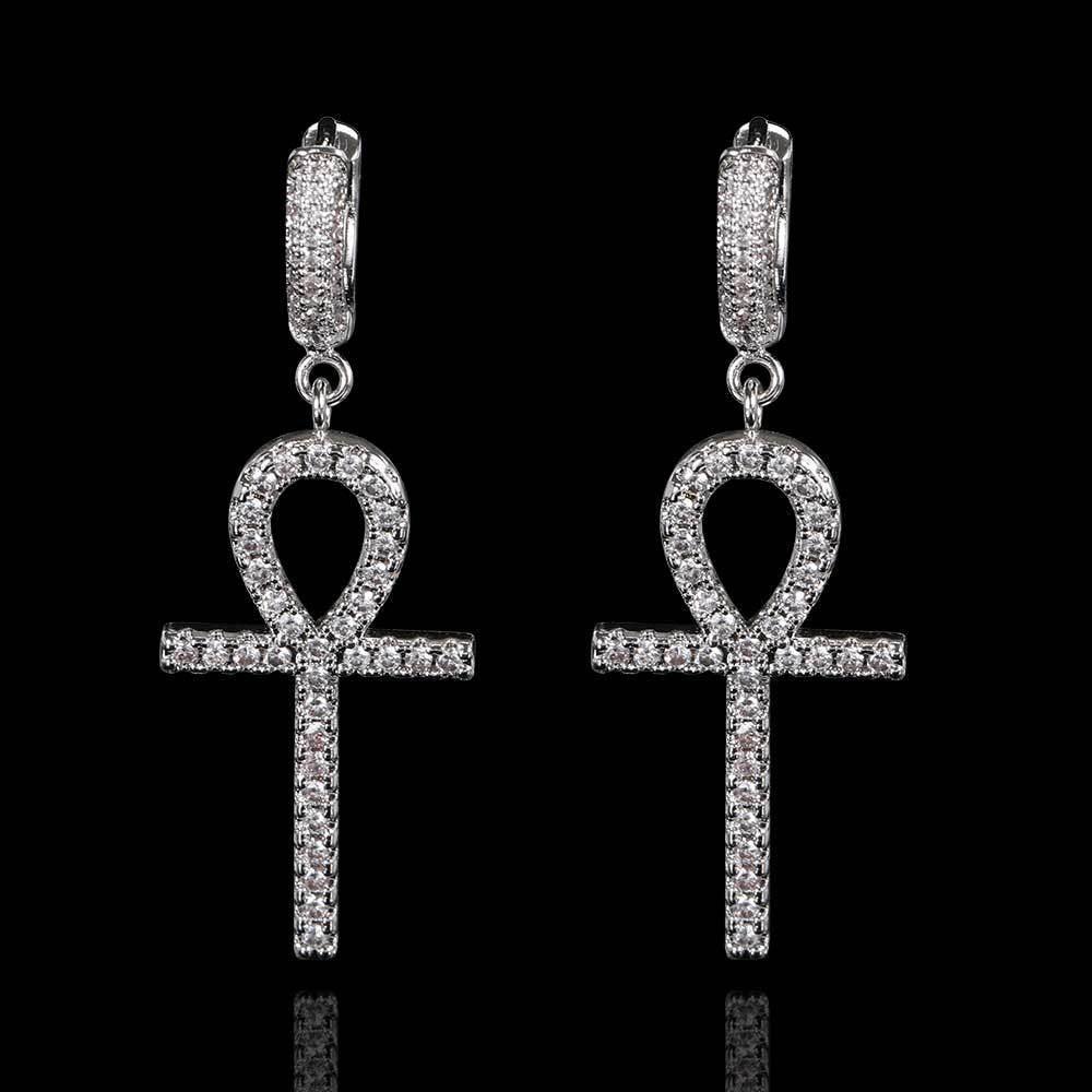 Ankh Key Cross Earrings with Micro-Pave Zircon Stones for Men and Women | Trendy Hip Hop Jewelry | Caratix Jewelry - CaratixJewelry