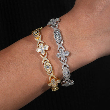 14mm Moissanite Cuban Link Bracelet with Cross & Eye Design – S925 Sterling Silver Iced-Out Hip Hop Streetwear Jewelry - CaratixJewelry