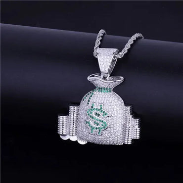 Iced Out Money Bag Pendant | Men's Real Gold Plated Necklace | Premium Copper CZ Dollar Sign Sack | Secure The Bag Jewelry | Caratix - CaratixJewelry
