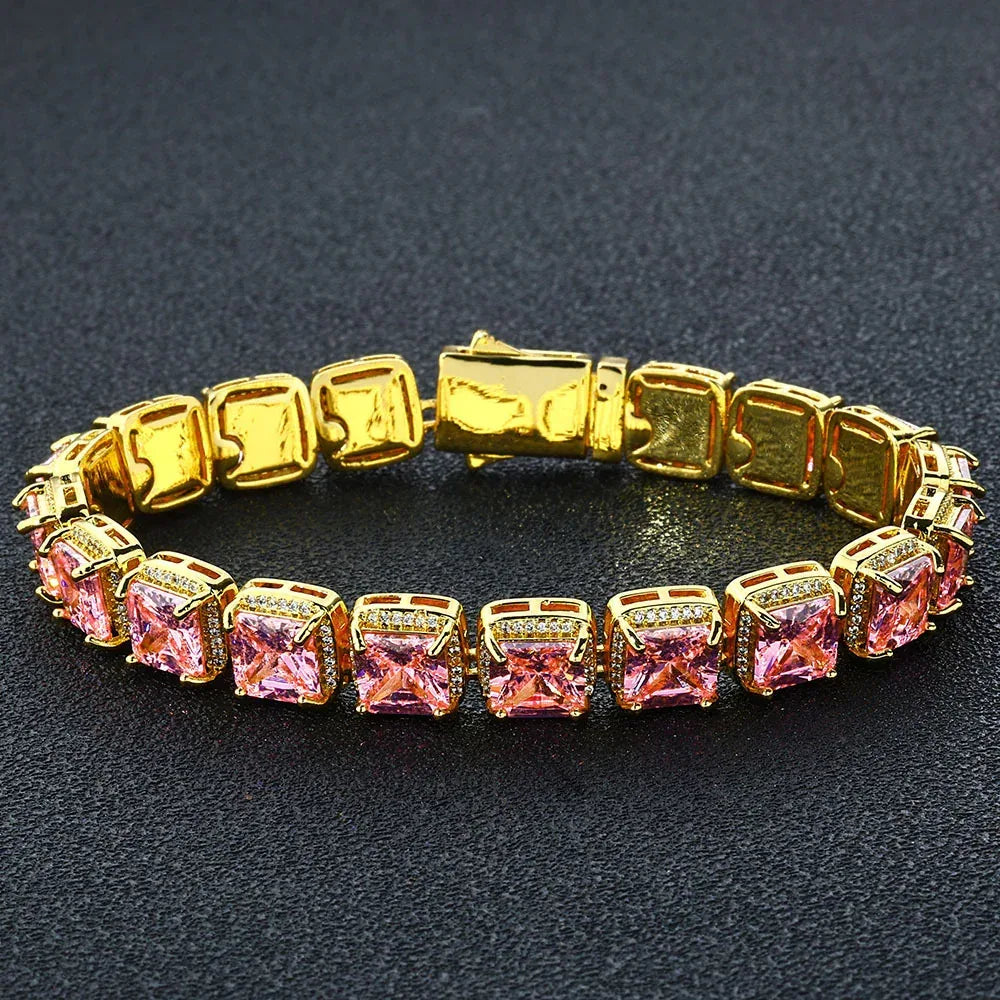 Custom 10mm Pink Baguette Sugar Link Bracelet Gold Chain Style for Rapper | Caratix - CaratixJewelry