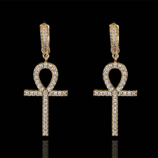 Ankh Key Cross Earrings with Micro-Pave Zircon Stones for Men and Women | Trendy Hip Hop Jewelry | Caratix Jewelry - CaratixJewelry