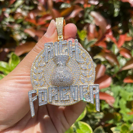 Iced Out "Rich Forever" Pendant | Men's Real Copper CZ Necklace - CaratixJewelry