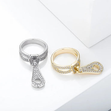 Unique Zipper Puller Hip Hop Ring | Iced Out Zirconia Band | Caratix