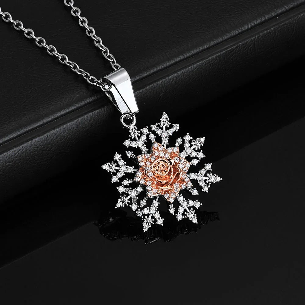 Rose Snowflake Pendant Necklace Zircon Hip Hop Jewelry for Women | Caratix Jewelry - CaratixJewelry