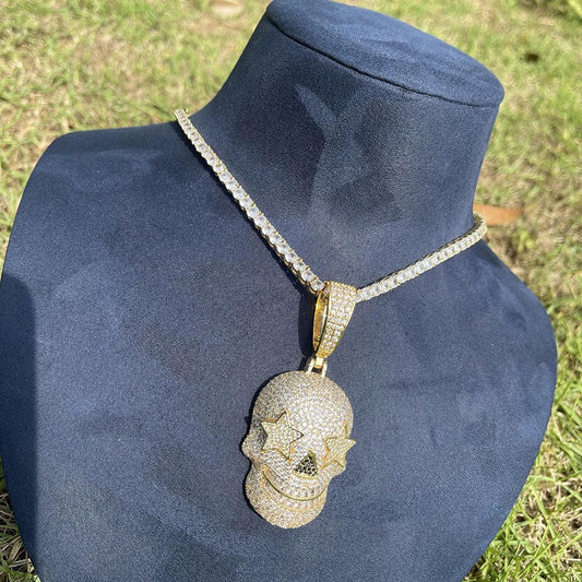 Iced Out Star Eye Skull Pendant | Men's Real Copper CZ Necklace - CaratixJewelry