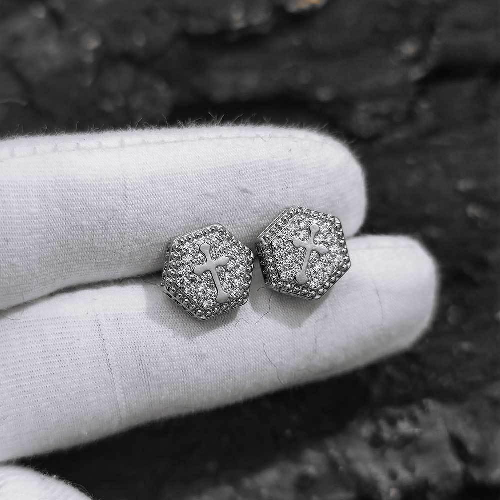 Hexagonal Cross Zircon Stud Earrings for Men and Women | Iced Out Hip Hop Jewelry | Caratix Jewelry - CaratixJewelry