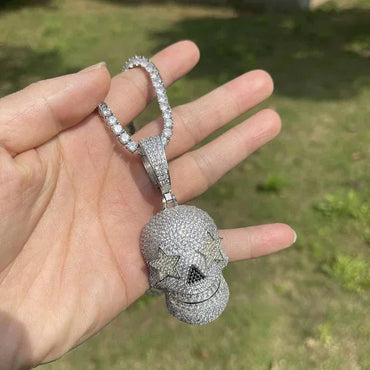 Iced Out Star Eye Skull Pendant | Men's Real Copper CZ Necklace - CaratixJewelry