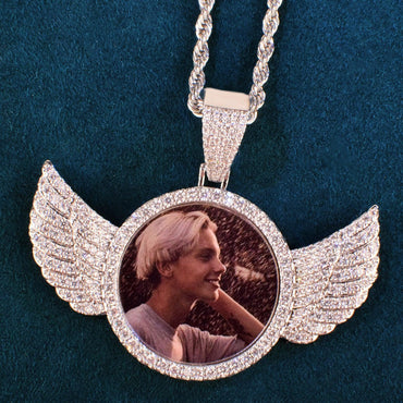 Small Wing Photo Pendant Necklace | CZ Iced Out Custom Picture DIY Couple Jewelry - CaratixJewelry