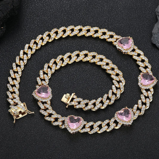10mm Pink Zircon Heart Pendant Cuban Chain Necklace - CaratixJewelry
