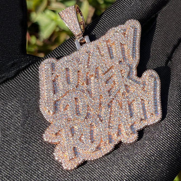 Loyalty over Royalty Iced Out Pendant for Men & Women | Hip Hop Script Lettering Necklace | Premium Copper CZ Jewelry | Unisex Bling | Caratix - CaratixJewelry