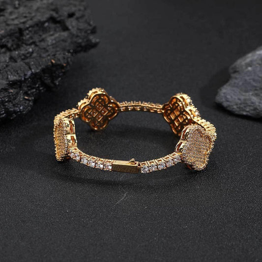 Women's S925 Sterling Silver Clover Tennis Bracelet | Iced Out Zircon Handpiece - CaratixJewelry