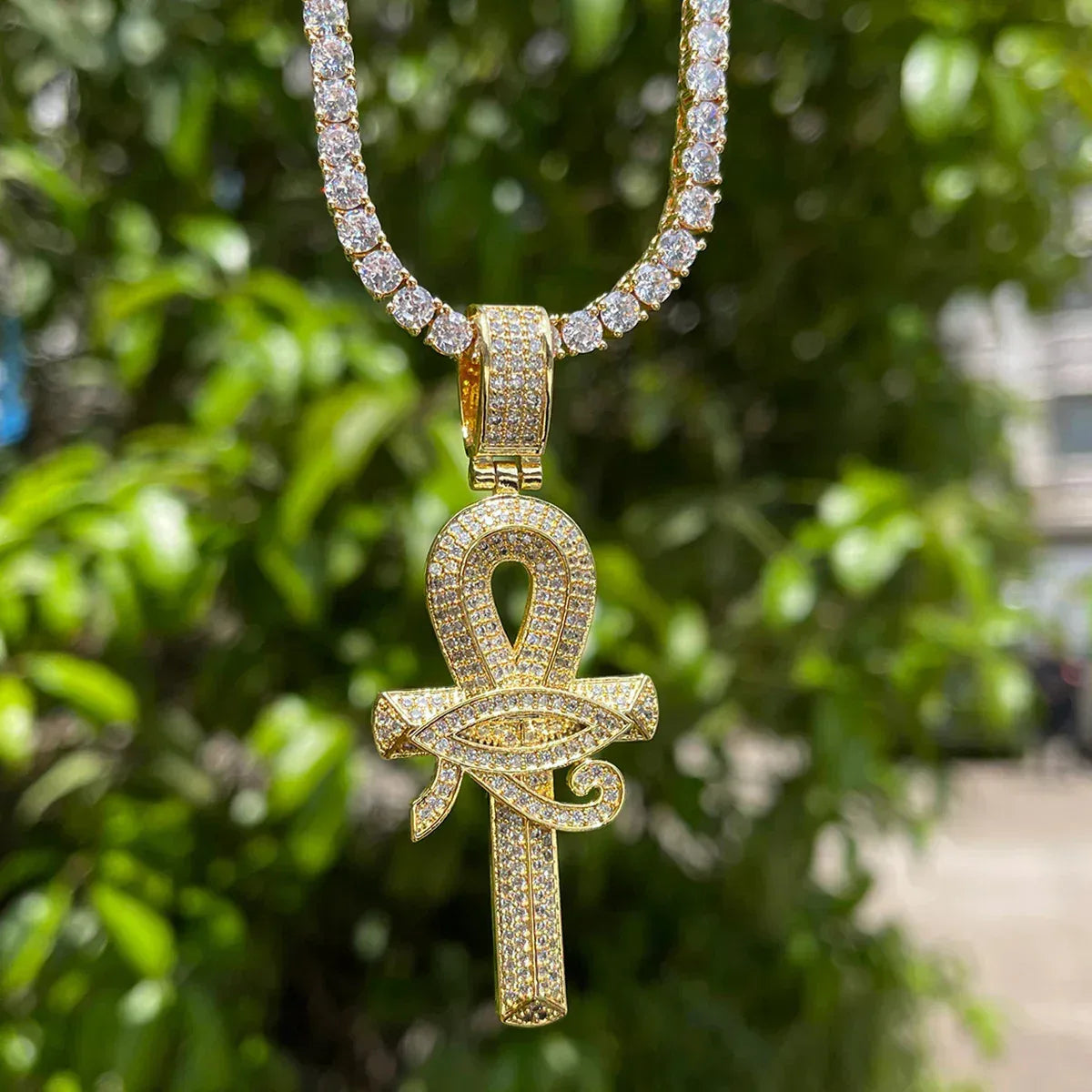 Luxury 18K Gold Plated Eye of Horus Ankh Cross Pendant | Hip Hop Iced Out Necklace for Men | Egyptian Mythology Ice Pendant | Pave CZ Jewelry | Caratix - CaratixJewelry