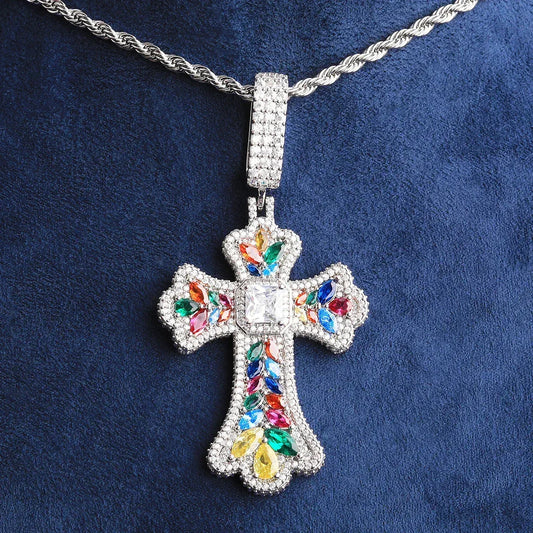 Luxury Multi-Color Iced Out Cross Pendant for Men | Hip Hop Rainbow Zircon Necklace | Genuine Copper CZ Jewelry | Senior Sense Bling | Caratix - CaratixJewelry