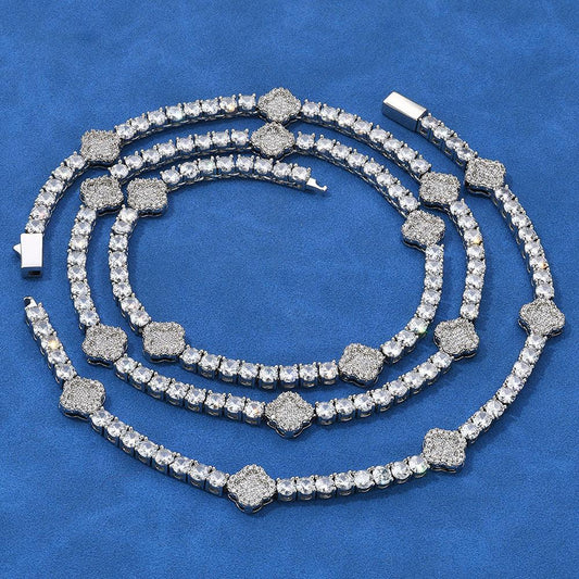S925 Sterling Silver Moissanite Clover Tennis Chain | VVS Moissanite Necklace | Tester Passed Hip Hop Jewelry | Caratix - CaratixJewelry