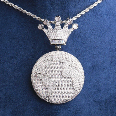 Luxury Iced Out Crowned Globe Pendant for Men | Hip Hop World Map Necklace | Genuine Copper CZ Jewelry | Senior Sense Bling | Caratix - CaratixJewelry
