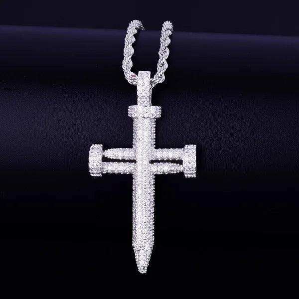 Modern Iced Out Thumbtack Nail Cross Pendant | Men's Industrial Hip Hop Necklace | Premium Copper CZ Jewelry | Unique Street Edge | Caratix - CaratixJewelry
