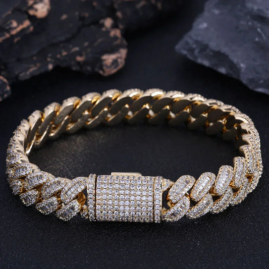 12mm Iced-Out Cuban Link Bracelet with Mixed Zircon Stones - CaratixJewelry