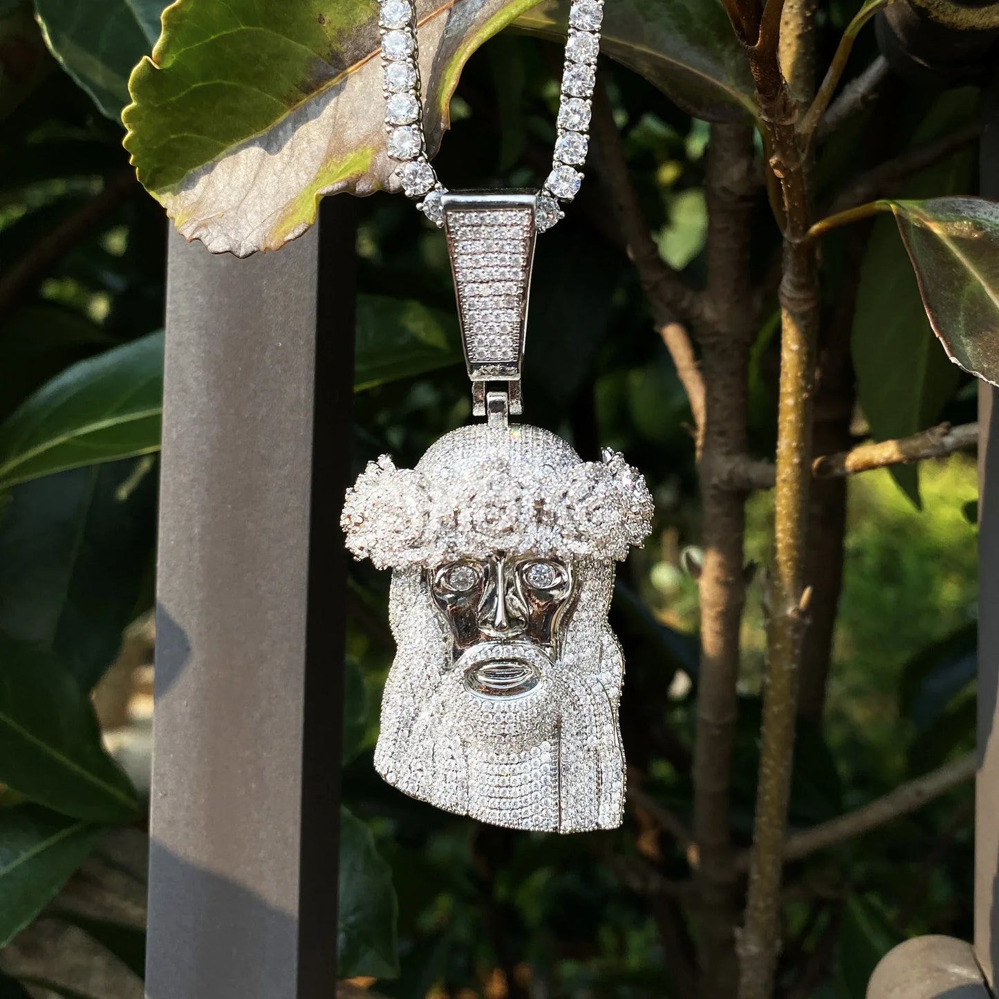 Women's Iced Out Jesus Head Pendant with Rose | Real Copper CZ Necklace - CaratixJewelry
