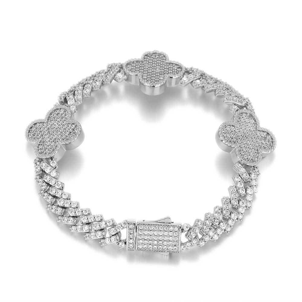 Clover-Shaped Zircon Cuban Link Bracelet with Spring Clasp - CaratixJewelry