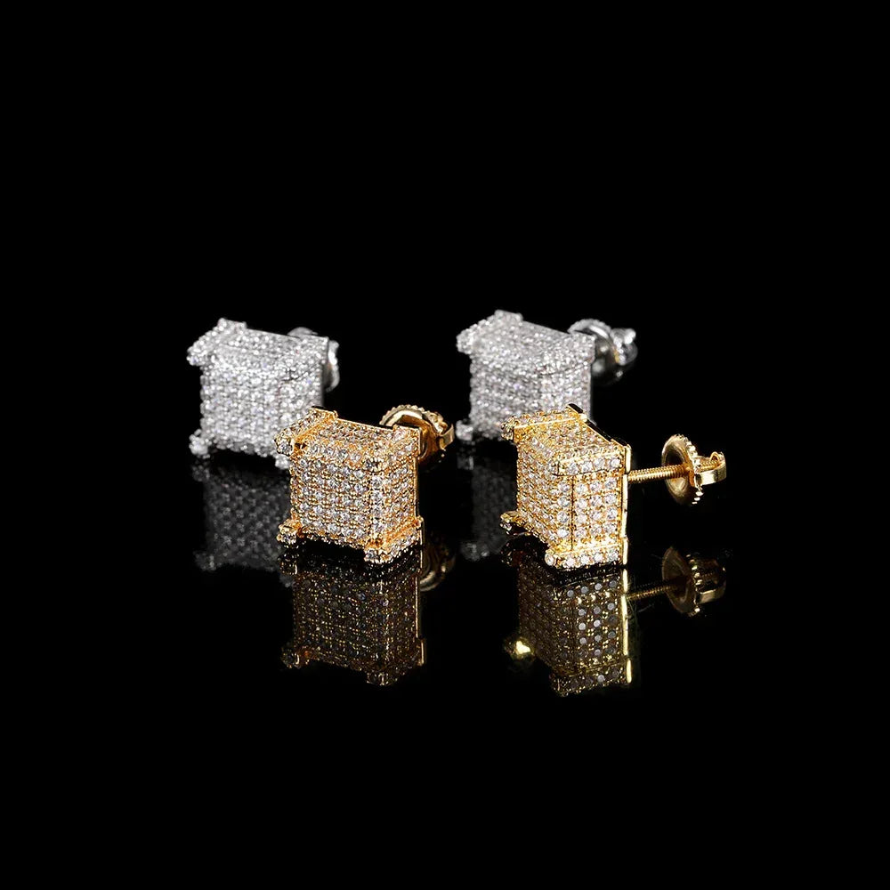 Square Zircon Stud Earrings with Spiral Ear Caps | Simple Hip Hop Jewelry | Caratix Jewelry - CaratixJewelry