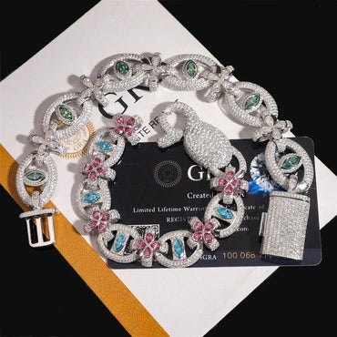 Colored Moissanite Eye & Cross Bracelet – S925 Sterling Silver Iced-Out Hip Hop Streetwear Jewelry - CaratixJewelry