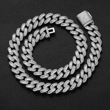 15mm Iced Out Cuban Chain Zircon Necklace with T-Bar Clasp - CaratixJewelry