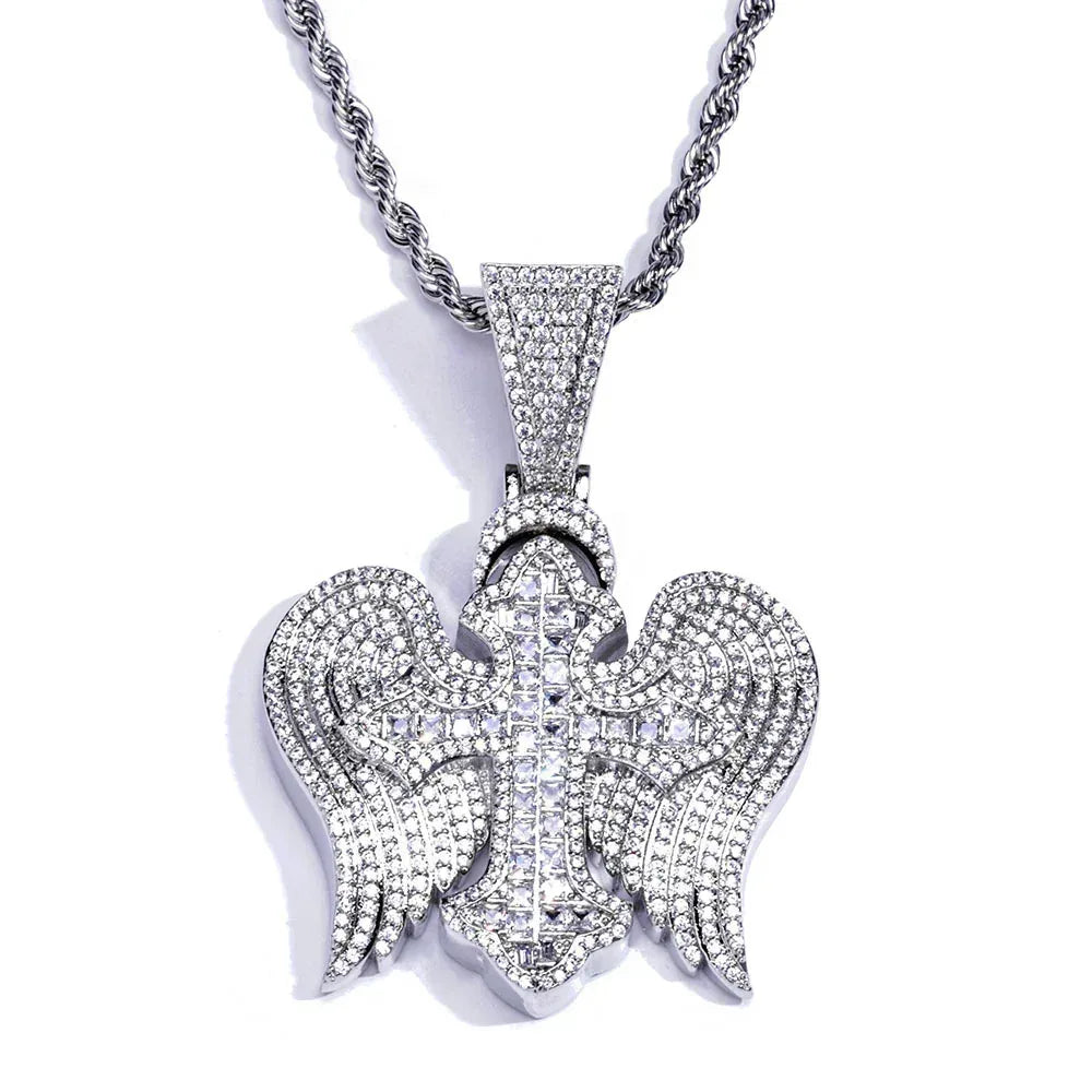 Cross Wing S925 Silver Moissanite Ice Pendant Necklace for Men | Caratix Jewelry - CaratixJewelry